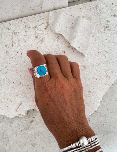 Kingman turquoise wide band silver ring