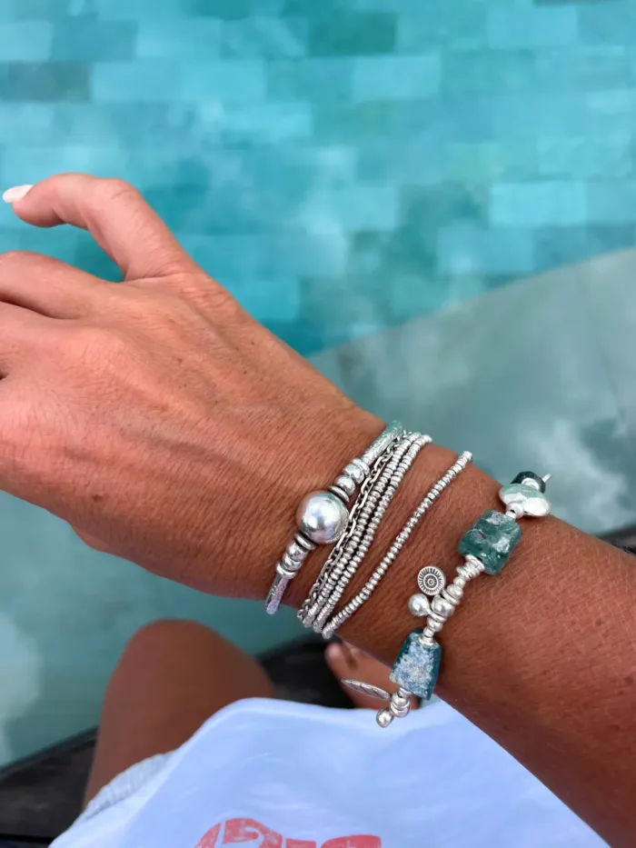 Handmade pure silver bracelet featuring ancient glass beads – ocean safe jewellery for everyday wear
