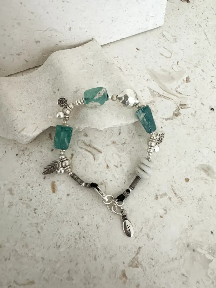 Handmade pure silver bracelet featuring ancient glass beads – ocean safe jewellery for everyday wear