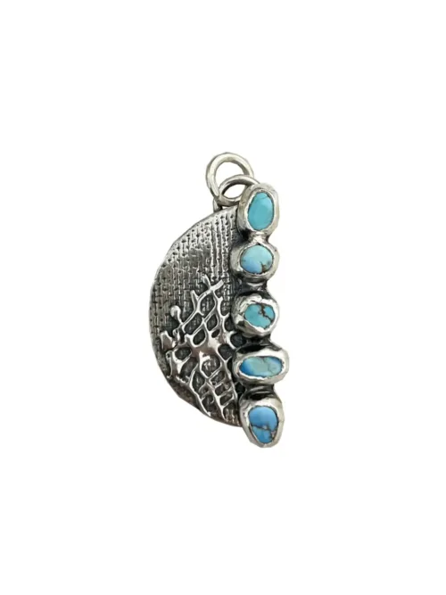handmade sterling silver crescent pendant with natural golden hill turquoise gemstones. Comes on a sterling silver chain. Please select length. Made by Rico Designs in Sydney Australia