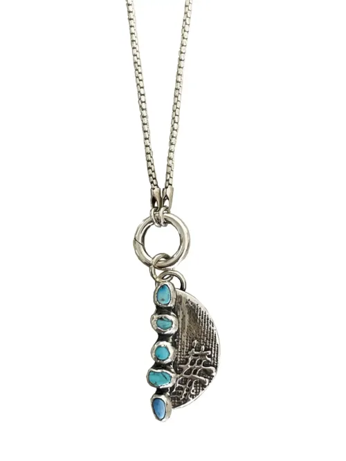 handmade sterling silver crescent pendant with natural golden hill turquoise gemstones. Comes on a sterling silver chain. Please select length. Made by Rico Designs in Sydney Australia