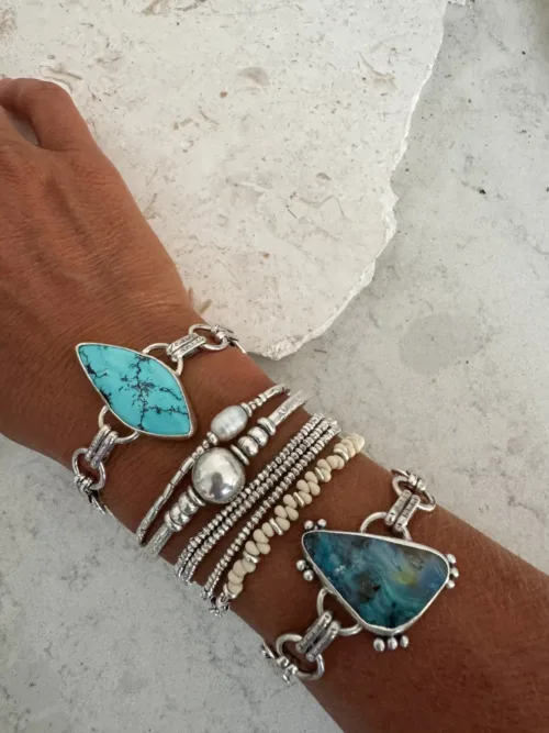 Handmade sterling silver round chain link bracelet featuring large Australian solid Boulder Opal-handmade in Australia by Rico Designs Jewellery