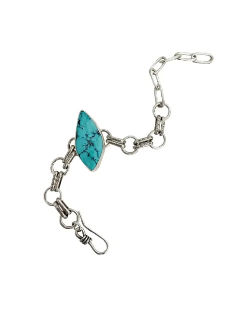 Handmade sterling silver round chain link bracelet featuring large genuine turquoise gemstone-handmade in Australia by Rico Designs Jewellery