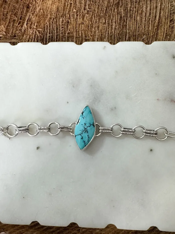 Handmade sterling silver round chain link bracelet featuring large genuine turquoise gemstone-handmade in Australia by Rico Designs Jewellery