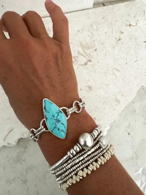 Handmade sterling silver round chain link bracelet featuring large genuine turquoise gemstone-handmade in Australia by Rico Designs Jewellery