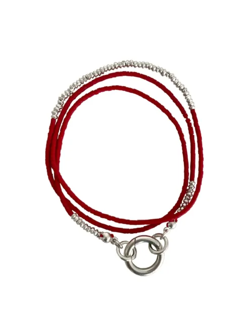 Handmade pure silver wrap bracelet featuring red colour seed beads – a great minimal wrap bracelet style for everyday wear