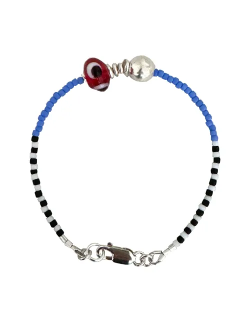 Handmade pure silver bracelet featuring colourful seed beads and an evil eye – a great minimal bracelet to add to your bracelet stack