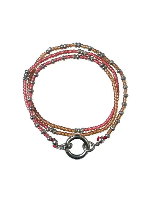 Handmade pure silver wrap bracelet featuring peach colour seed beads – a great minimal wrap bracelet style for everyday wear