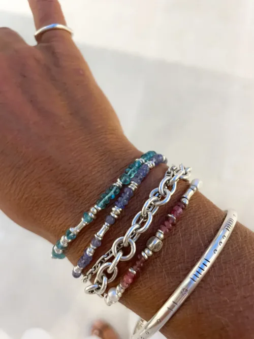 Handmade apatite gemstone and tanzanite gemstone bracelet with pure silver -hand made in Australia by Rico Designs Jewellery