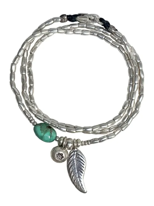 ocean inspired silver jewellery. Pure silver wrap bracelet with silver feather charm and chrysoprase gemstone - for a beach vibes look- water safe for everyday wear. 3 styles in 1