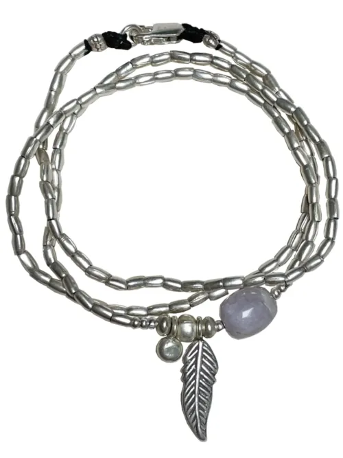 ocean inspired silver jewellery. Pure silver wrap bracelet with silver feather charm and kunzite gemstone - for a beach vibes look- water safe for everyday wear. 3 styles in 1