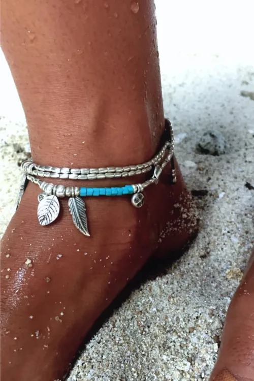 pure silver anklet with turquoise seed beads and lots of pure silver charms. Ocean safe. Silver jewellery for beach lovers.