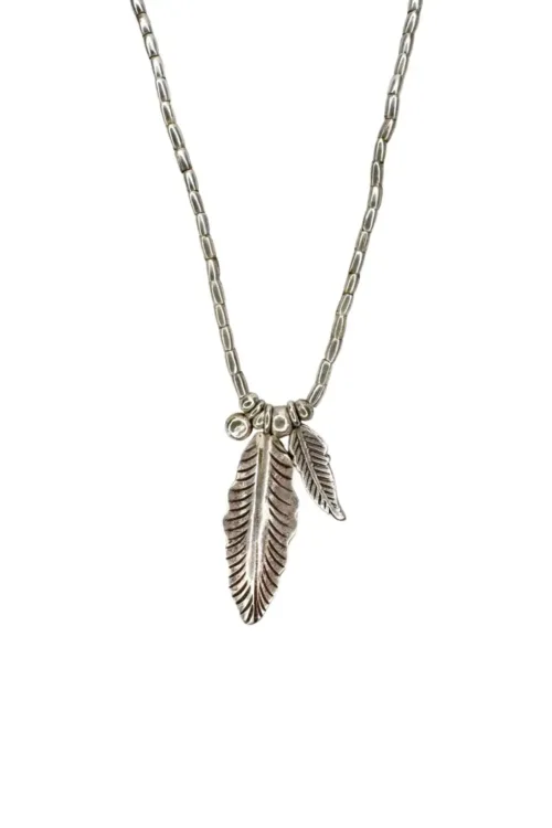 bohemian style long necklace with 2 silver feather charms handmade and ocean safe