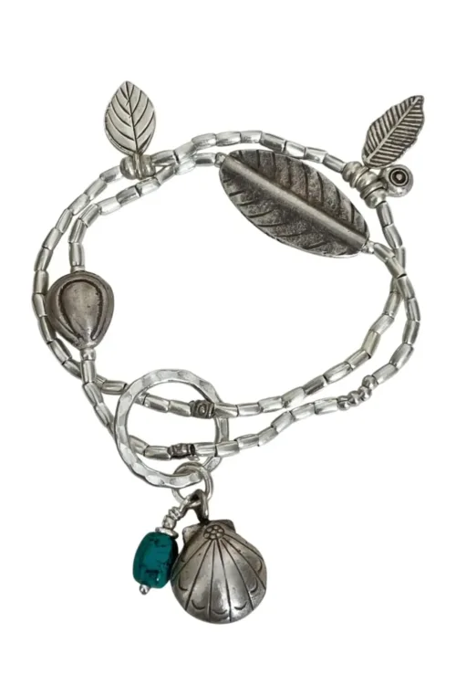 handmade bohemian style pure silver bracelet with turquoise gemstone tassel. Ocean safe. Stretch elastic - easy to slip on.