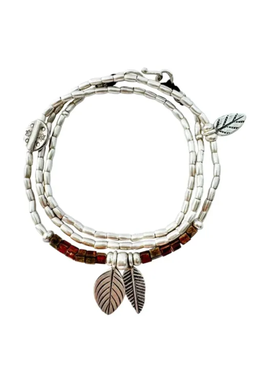bohemian style silver jewellery. sterling silver wrap bracelet with 2 leaf charms and bronze seed beads - water safe for everyday wear. 3 styles in 1