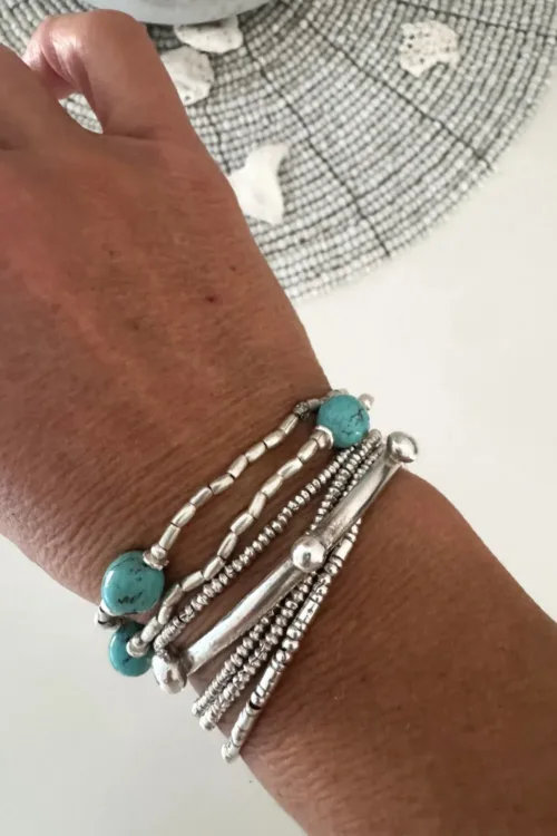 ocean inspired pure silver stretch bracelet with turquoise hoplite gemstone -double strand perfect for a bracelet stack - ocean safe
