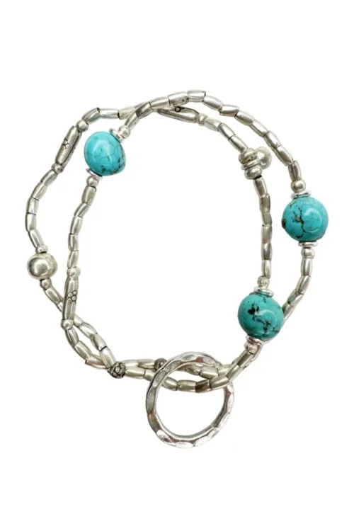 ocean inspired pure silver stretch bracelet with turquoise hoplite gemstone -double strand perfect for a bracelet stack - ocean safe