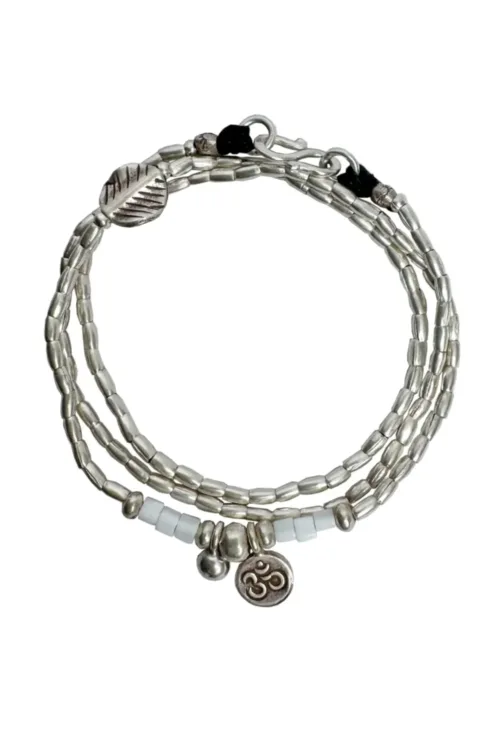 bohemian style silver jewellery - pure silver triple wrap bracelet. wear it 3 ways. bracelet, anklet or necklace- features silver om pendant - water safe