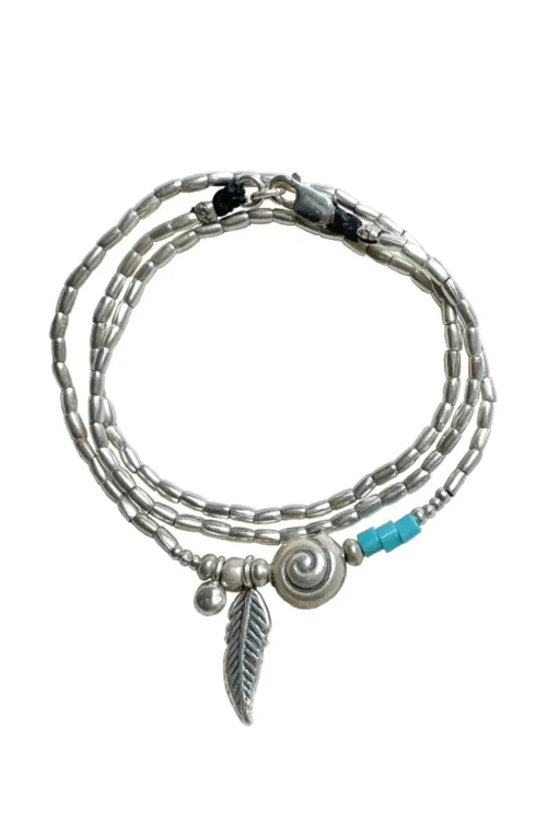ocean inspired silver jewellery. Pure silver wrap bracelet with spiral shell for a beach vibes look- water safe for everyday wear. 3 styles in 1