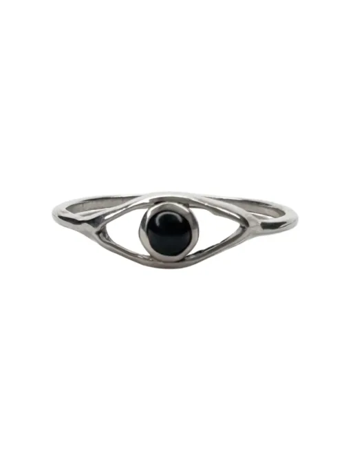 minimal style sterling silver ring with small black onyx eye feature.