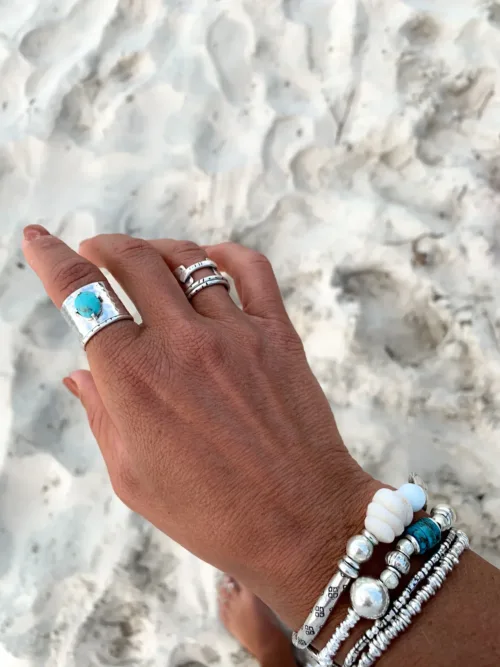 arizona turquoise wide band sterling silver ring boho style ocean safe