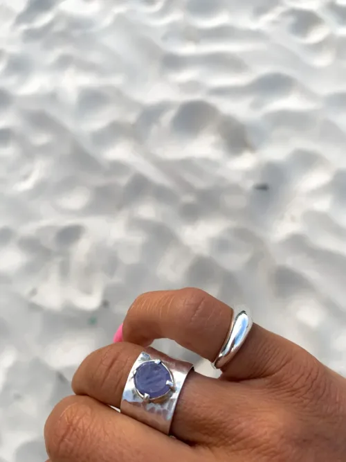 wide band sterling silver rings with rose cut gemstones purple tanzanite. ocean safe jewellery