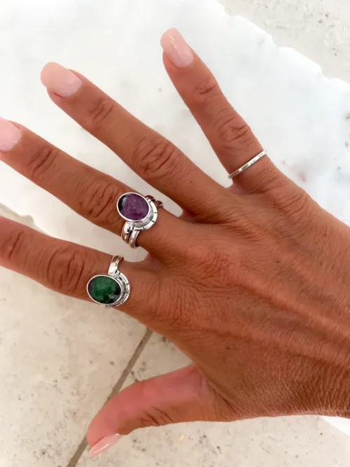 ruby zoisite fasted gemstone sterling silver ring. green and red gemstone. Ocean safe
