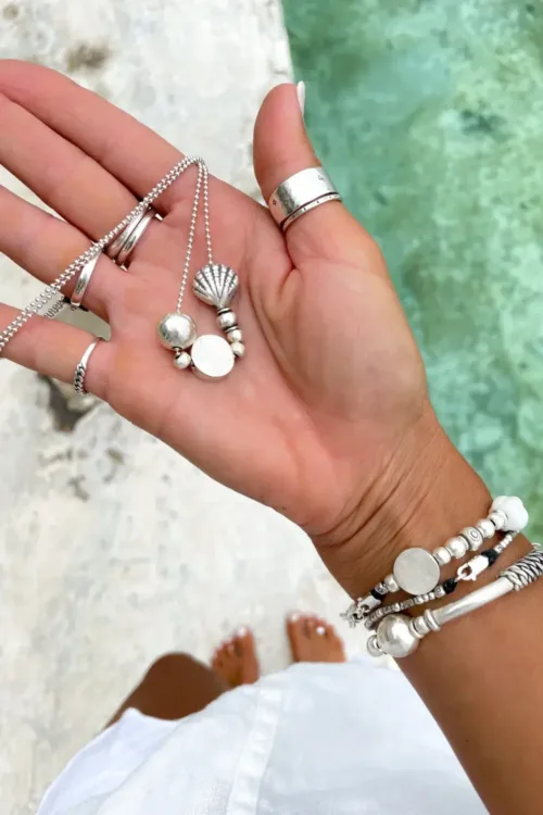 handmade long silver necklace. ocean inspired silver shells floating on a beaded sterling silver chain long necklace handmade ocean safe