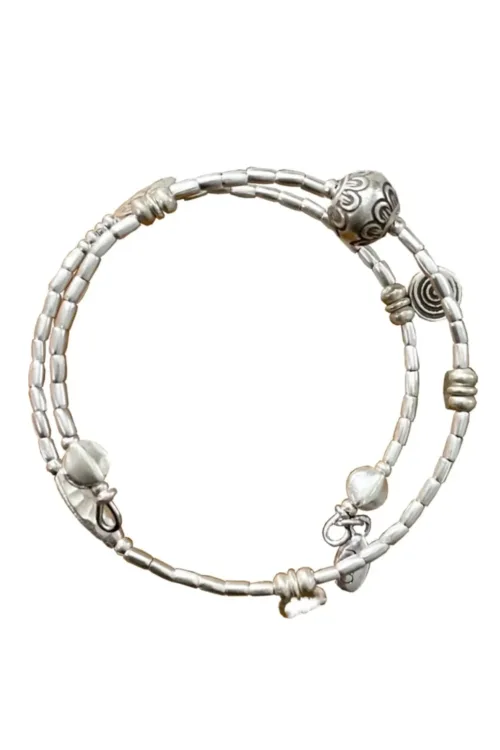memory wire double wrap bracelet with pure silver and customisable charm pendant