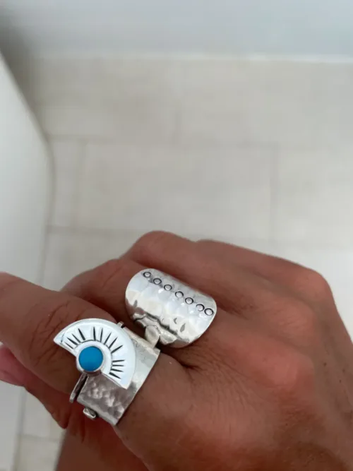 sterling silver crescent ring with turquoise stone. Ocean safe and perfect for a ring stack