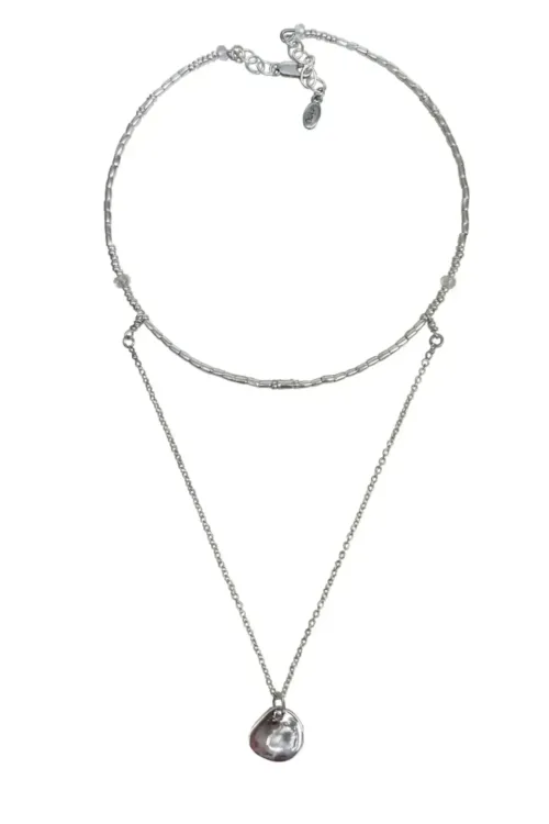 instant 2 layer sterling silver necklace stack for jewellery layered look. with small sterling silver organic shape disc pendant. Handmade in Sydney australia