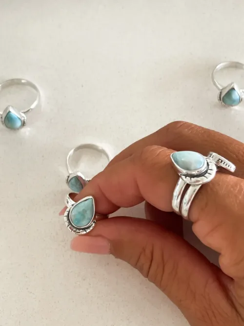 Larimar tear drop gemstone with small silver crescent. Bohemian style sterling silver ring. Ocean safe.