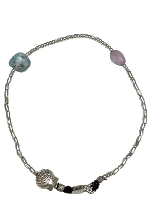 pure silver anklet with silver shell and Larimar, kunzite gemstone. Perfect for summer. Staple jewellery for everyday - ocean safe.
