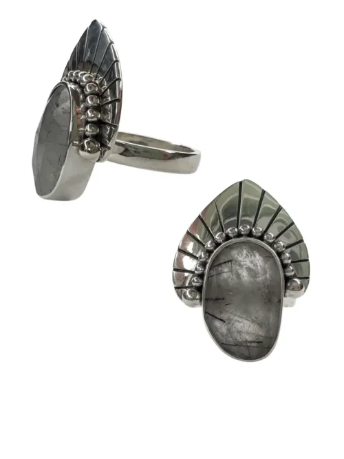 black rutilated quartz silver ring with silver fan ocean safe