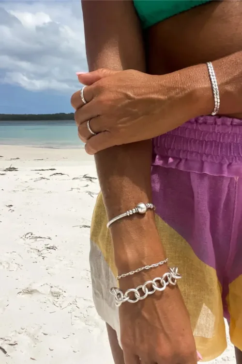 chunky pure silver bracelet perfect for stacking. bohemian beach style jewellery.