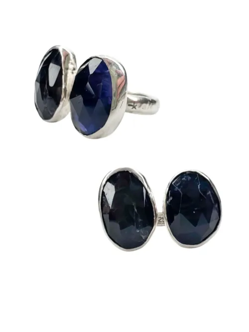 lolite faceted gemstone split shank sterling silver ring handmade in australia ocean safe jewellery