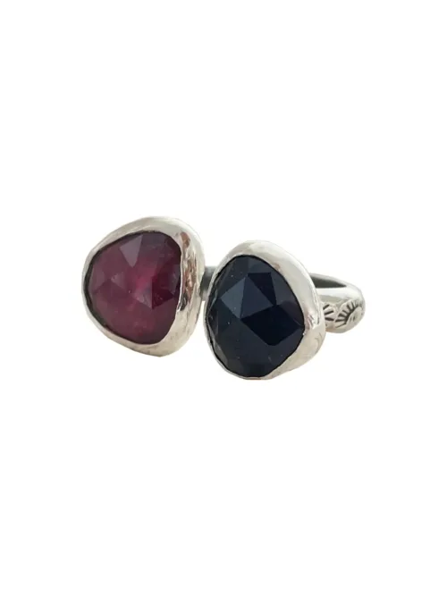 pink sapphire and lolite rose cut gemstone sterling silver split ring ocean safe. handmade in Australia