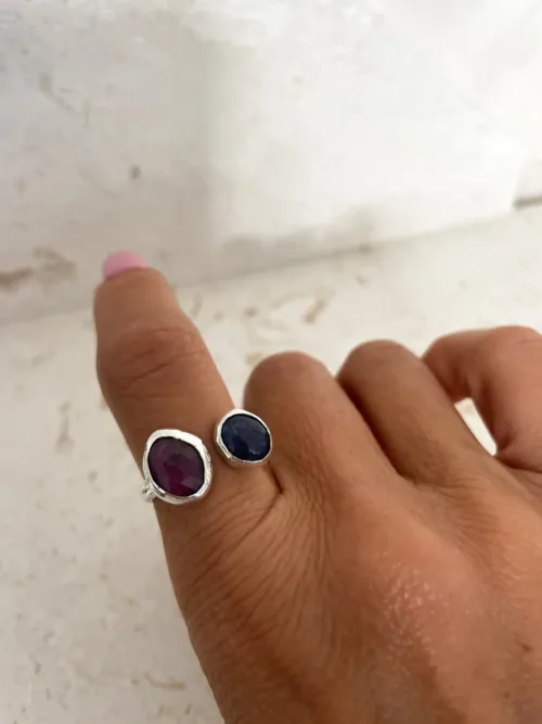 pink sapphire faceted gemstone and purple tanzanite gemstone split shank sterling silver ring handmade in australia ocean safe jewellery