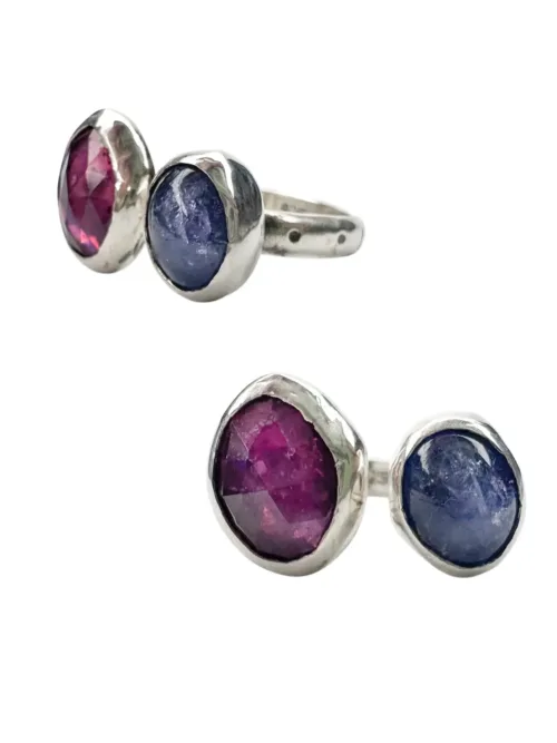 pink sapphire faceted gemstone and purple tanzanite gemstone split shank sterling silver ring handmade in australia ocean safe jewellery