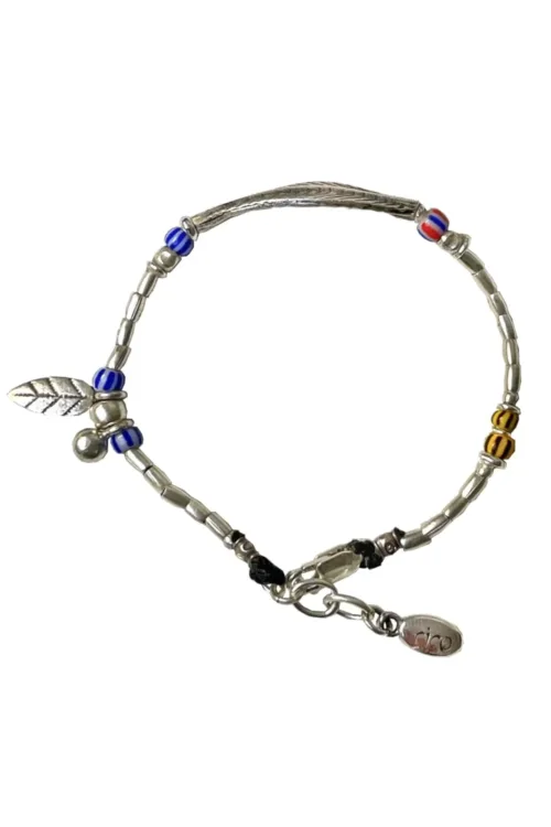 large curve leaf silver bracelet with striped chevron bead. water safe