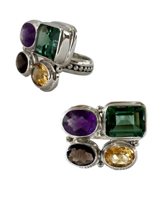 multi stone faceted gemstone silver ring ocean safe. amethyst emerald smokey quartz and citrine gemstone