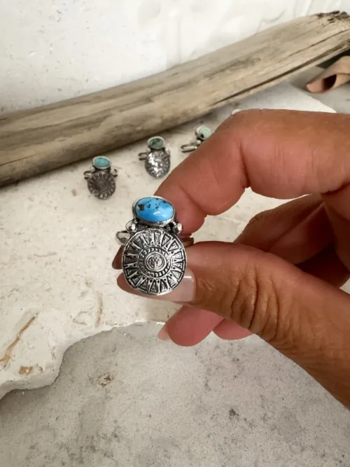 tribal silver round disc with golden hill turquoise handmade sterling silver ring ocean safe