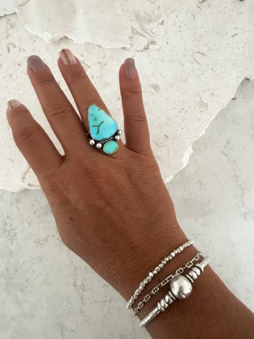 statement multi stone turquoise gemstone ring set in sterling silver with split ring shank. One of a kind ring handmade.