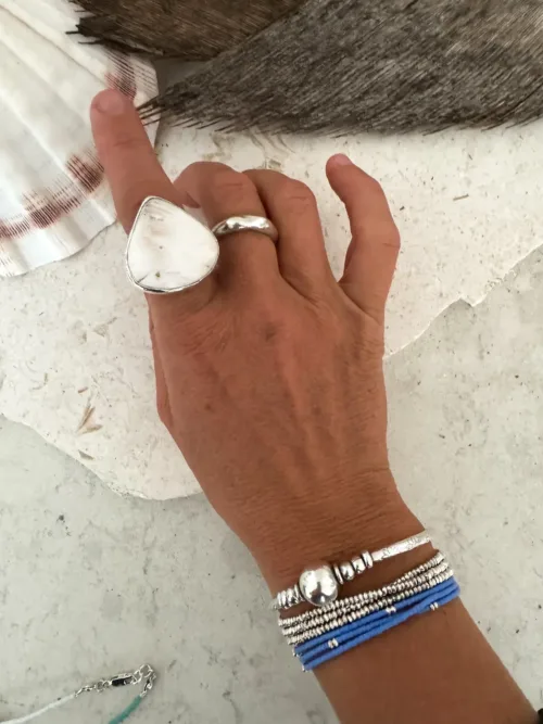 feature ring with large Scolecite gemstone and wide curve band steling silver ring-handmade boho style