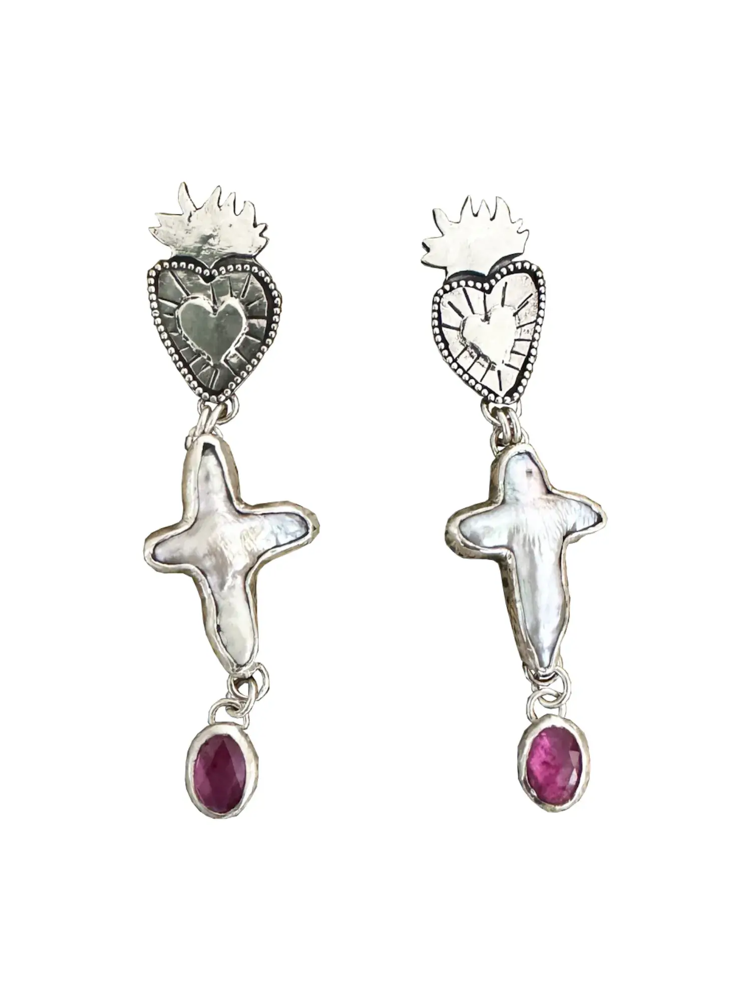 flaming hearts stud earrings - handmade sterling silver heart studs with freshwater pearl cross and pink tourmaline drop