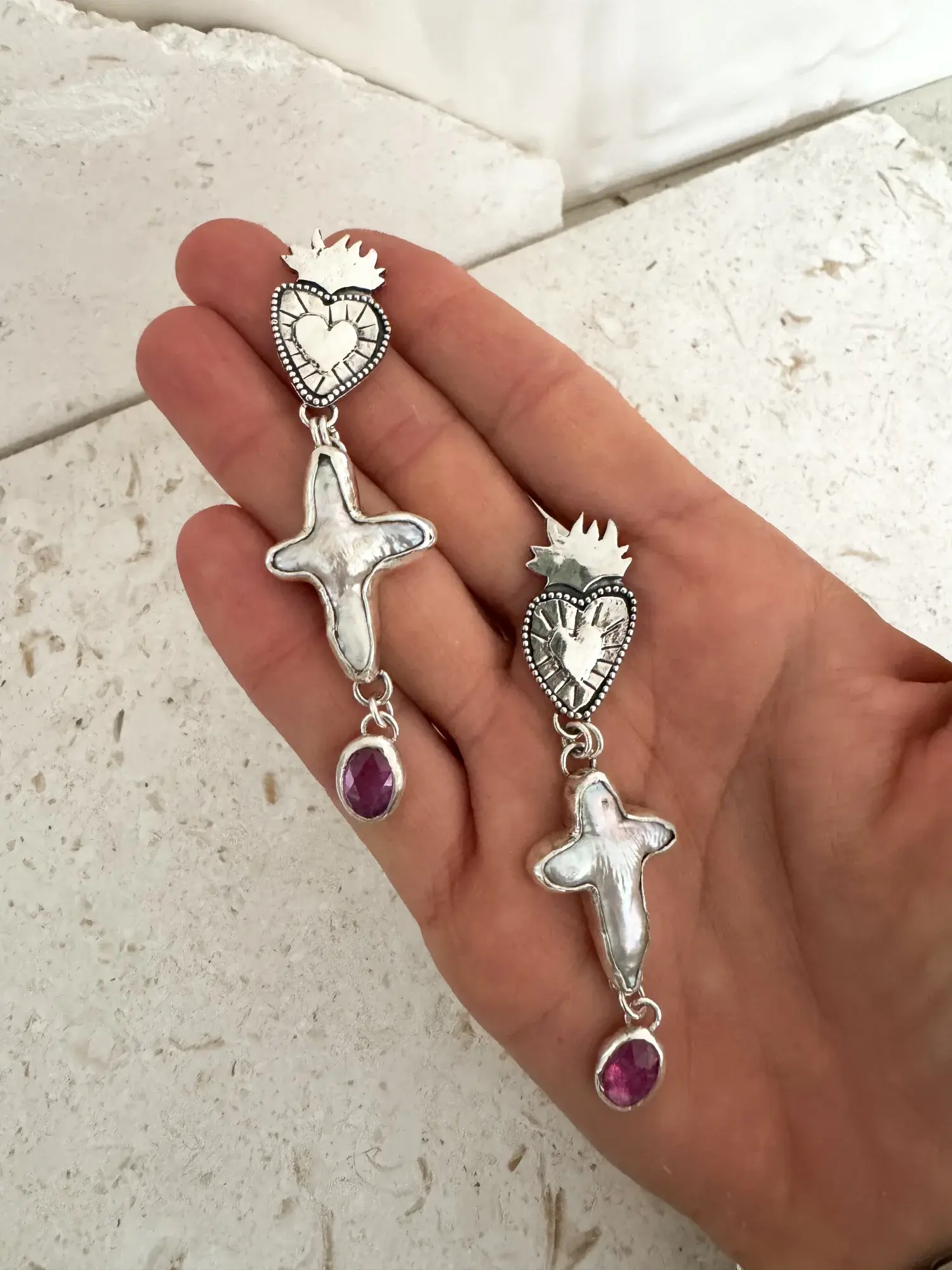 flaming hearts stud earrings - handmade sterling silver heart studs with freshwater pearl cross and pink tourmaline drop