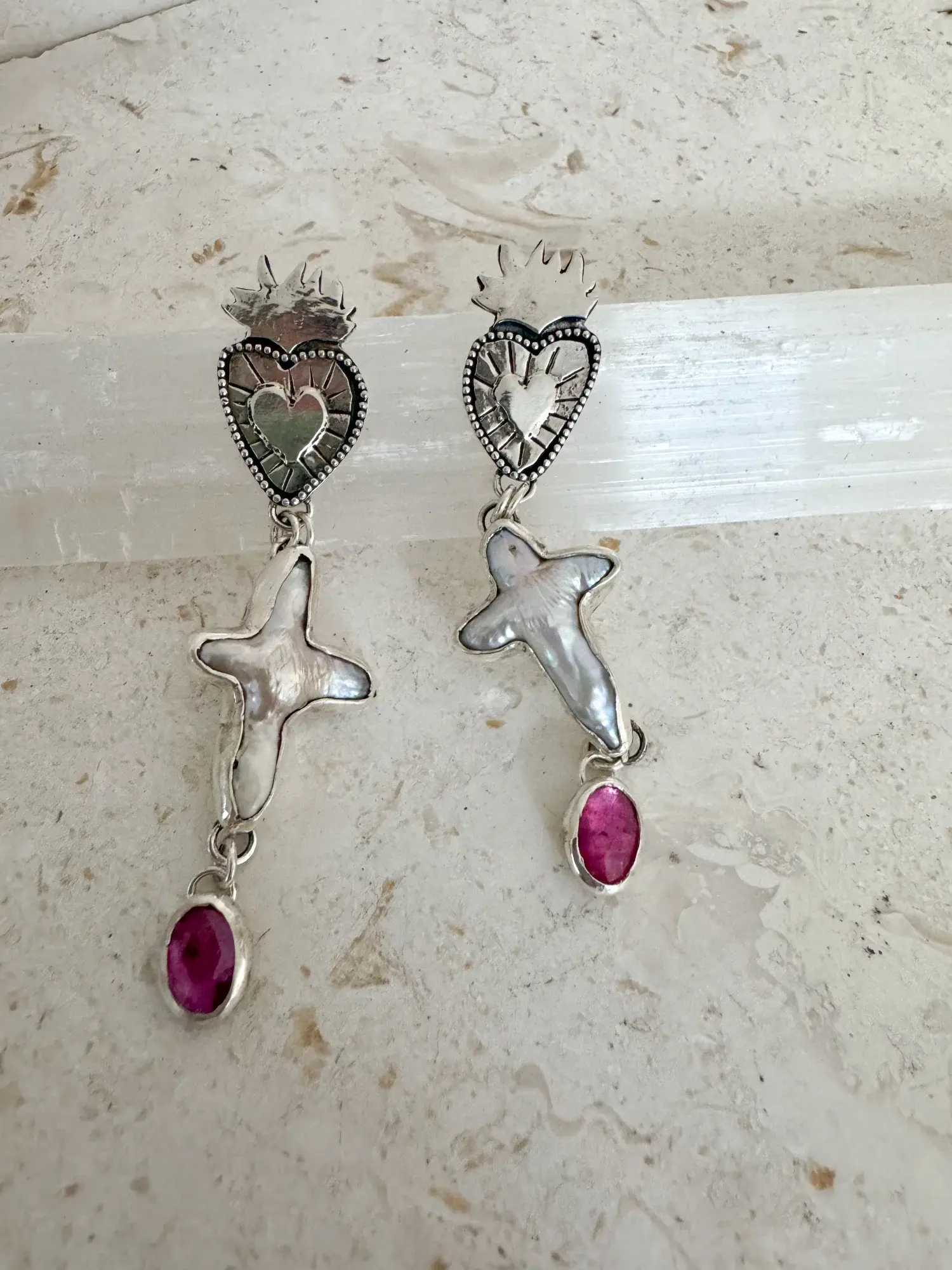 flaming hearts stud earrings - handmade sterling silver heart studs with freshwater pearl cross and pink tourmaline drop