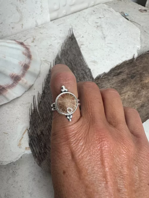 handmade sterling silver fossilised coral ring. inspired by the ocean. Unique jewellery