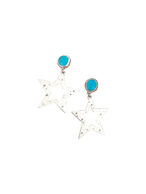 turquoise stud earrings with larger sterling silver star dangles - handmade by Rico Designs Silver Jewellery