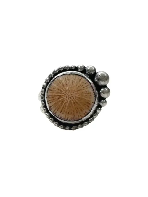 handmade sterling silver fossilised coral ring. inspired by the ocean. Unique one of a kind jewellery